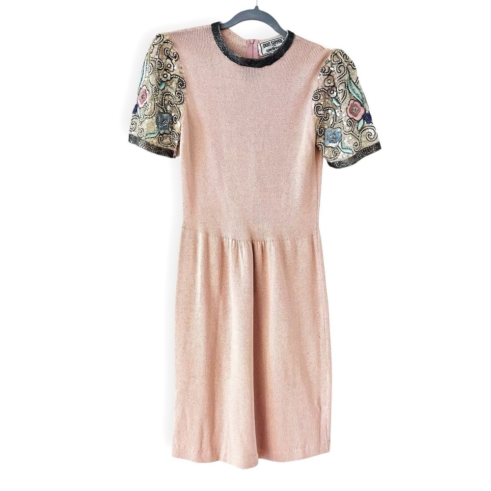Vintage Don Sayres Wellmore Sweater Dress‎ Small Pink Sequin Beaded Floral